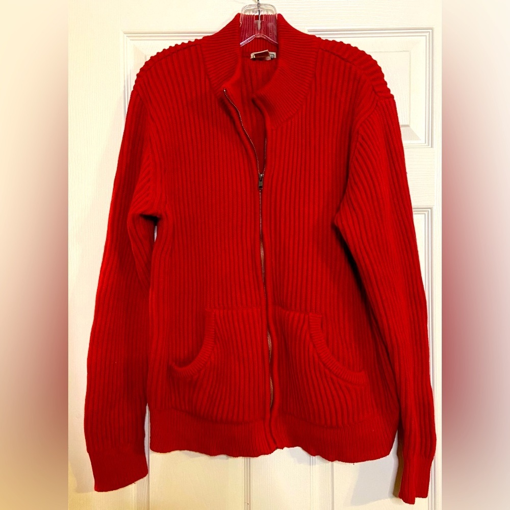 L.L. BEAN Vintage 100% Cotton Red Full Zip Sweater Pullover Size Large - Heavy